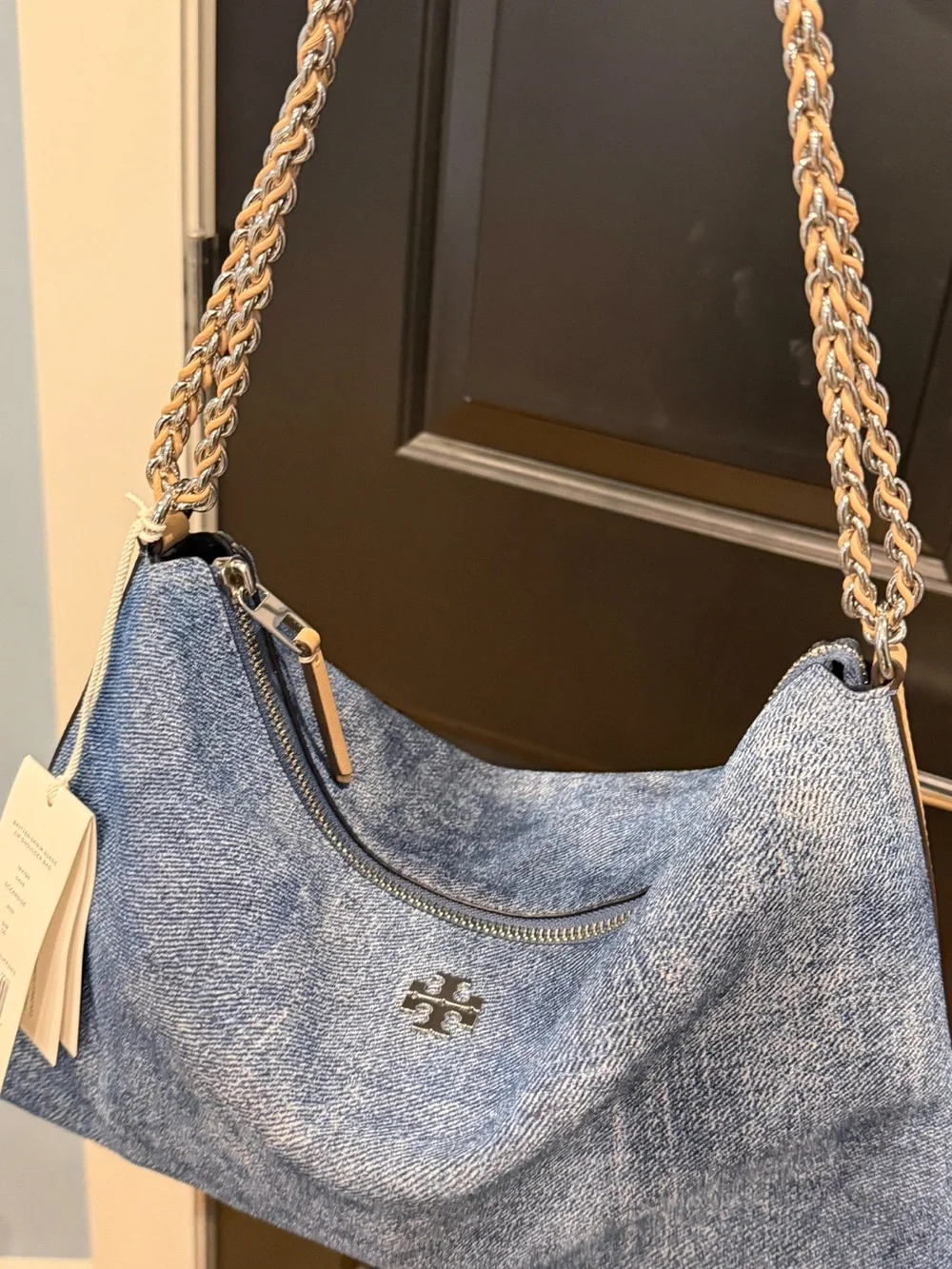 Tory Burch Washed Denim Hobo with Gold Chain Strap NWT